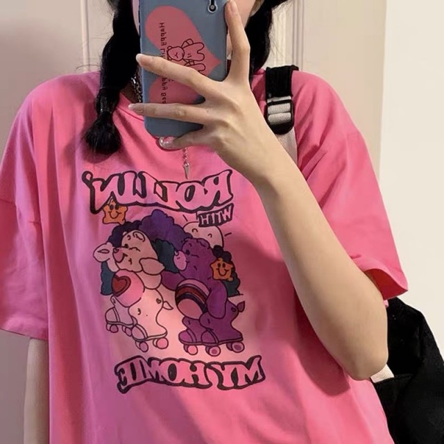 P59 玫粉色TEE💗韓系鬼馬少女趣味卡通印花短袖T恤上衣/大學T