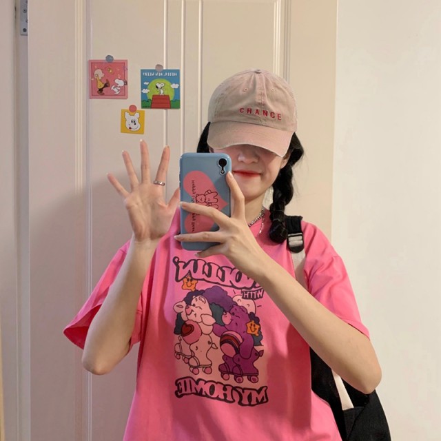 P59 玫粉色TEE💗韓系鬼馬少女趣味卡通印花短袖T恤上衣/大學T