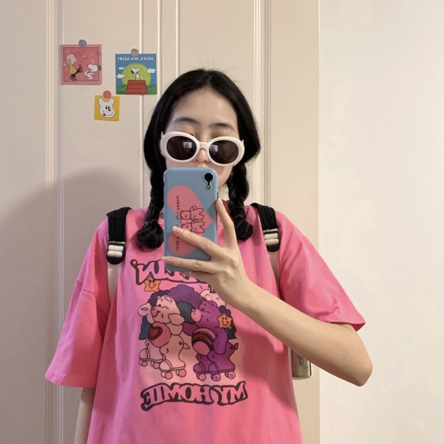 P59 玫粉色TEE💗韓系鬼馬少女趣味卡通印花短袖T恤上衣/大學T